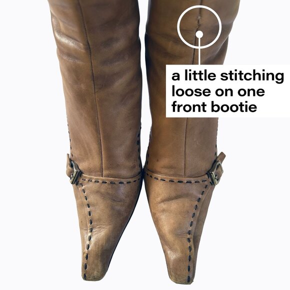 Vintage Prada Stivali Camel Leather Boot 7.5/38 Italian Kitten Heel Back Zip Y2K - Picture 9 of 14